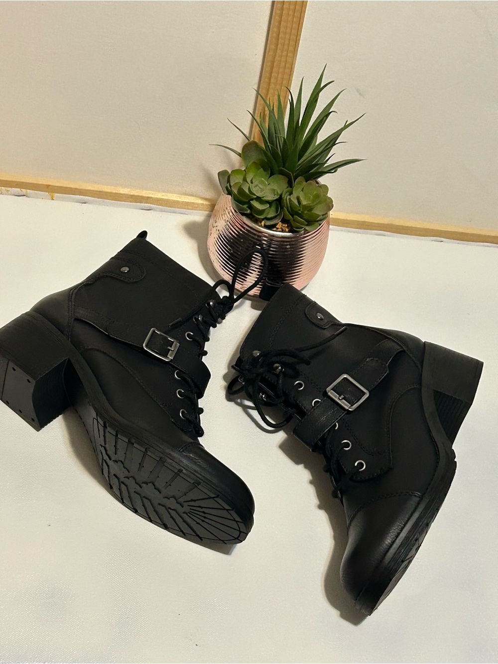 Women's Black Lace-Up Combat Boots with Buckle - Picture 2 of 9